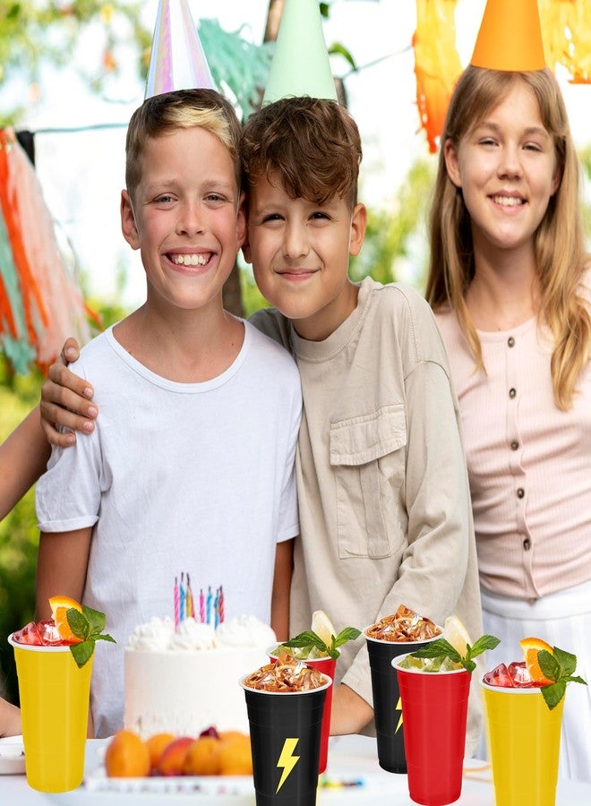 JarThenaAMCS مجموعة أكواب بلاستيكية من JarThenaAMCS، 36 قطعة، بتصميم البرق، سعة 16 أونصة، باللون الأحمر والأصفر والأسود، أكواب بلاستيكية للاستخدام مرة واحدة، أكواب كرتونية للحفلات، لوازم حفلات أعياد الميلاد وحفلات استقبال المولود الجديد - Image 4